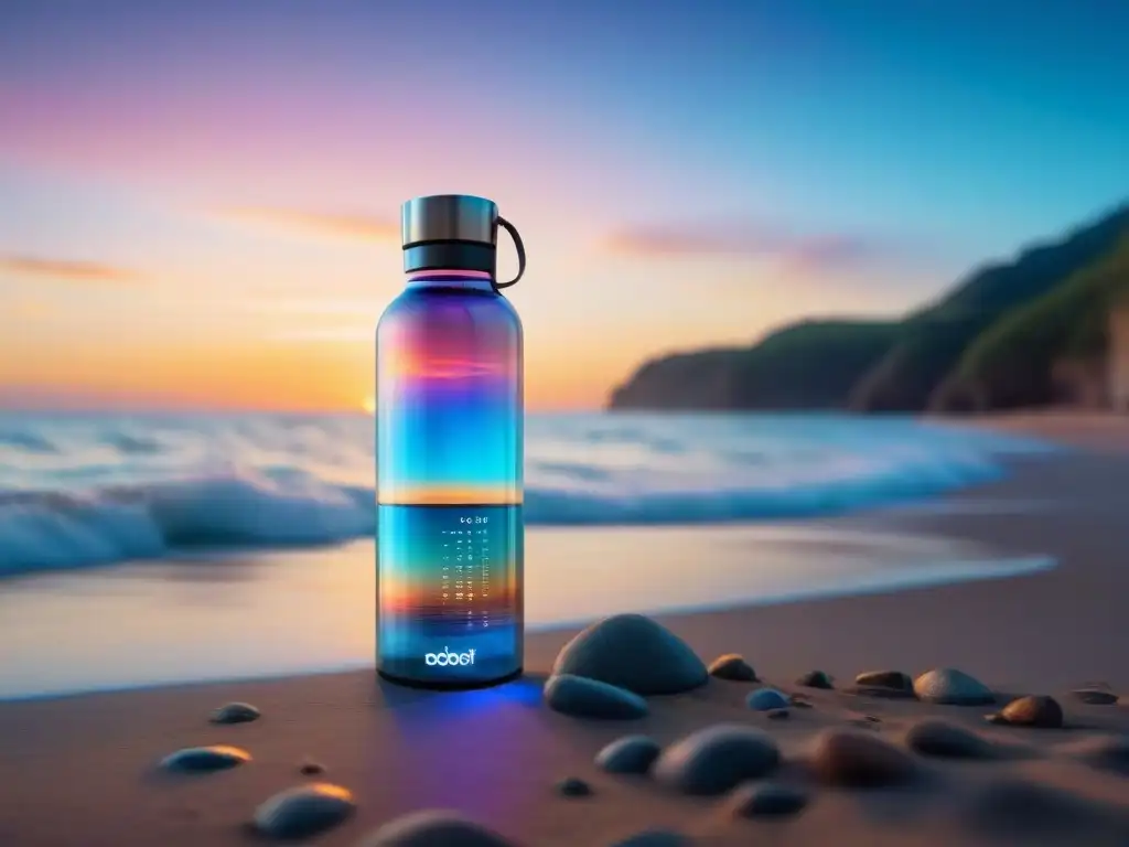 Botella inteligente para hidratación en la playa al atardecer