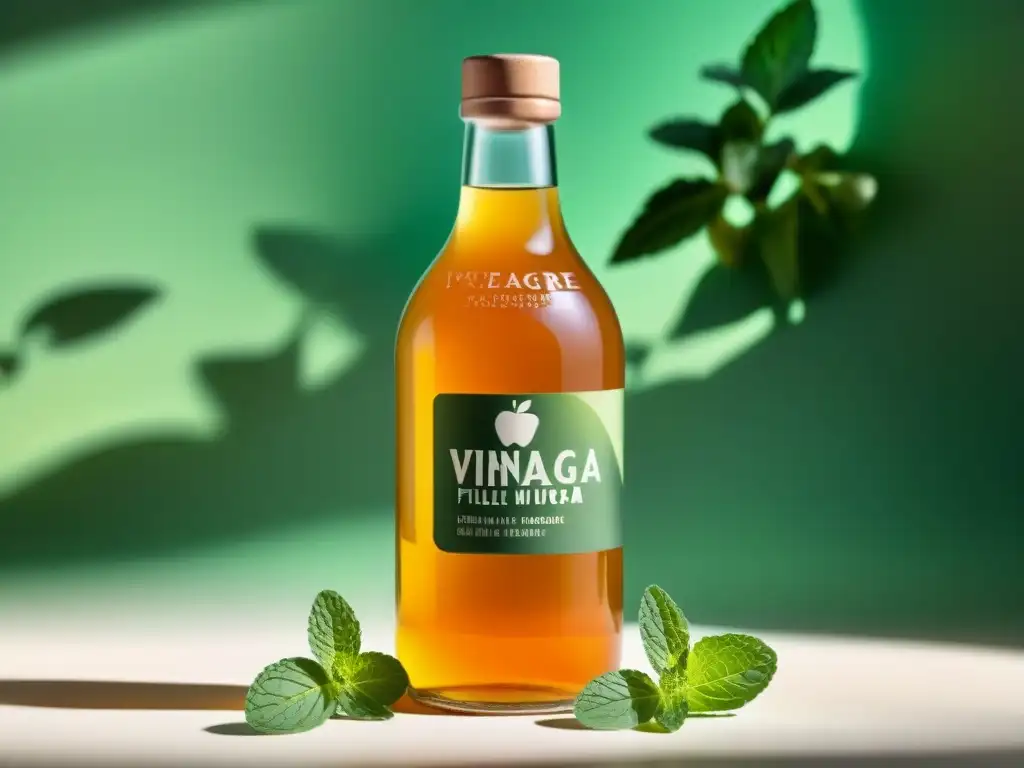 Botella de vidrio con vinagre de manzana dorado y menta, iluminada por el sol