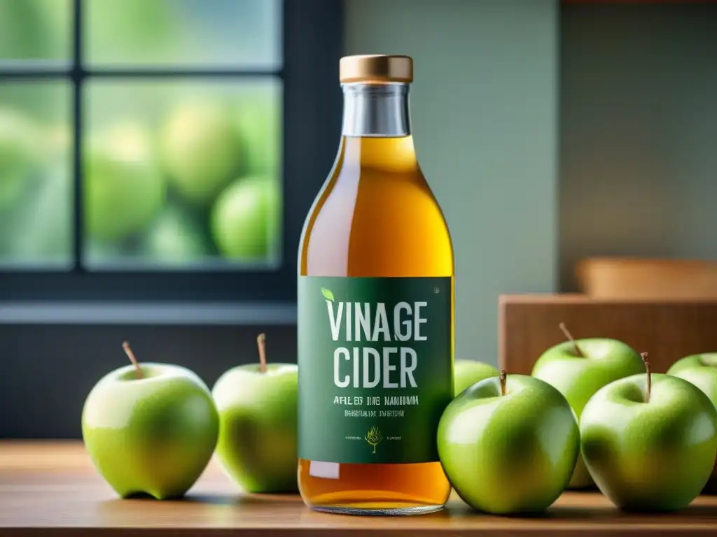 Botella de vinagre de manzana de alta calidad en cocina moderna con manzanas frescas y romero, destacando beneficios en Uruguay