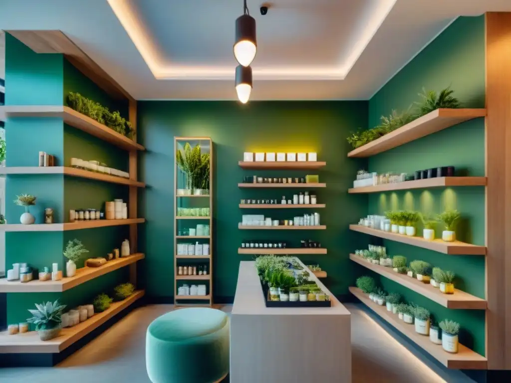 Una boutique de productos de belleza veganos en Montevideo, Uruguay, con diseño elegante y ecofriendly