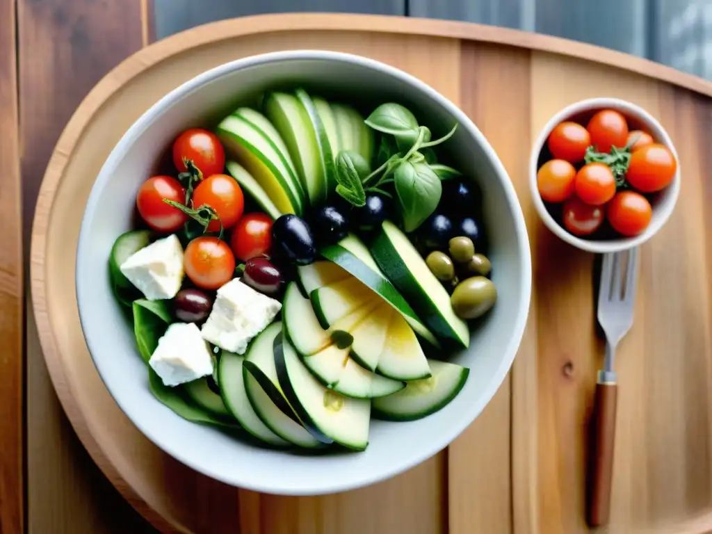 Bowl de ensalada mediterránea colorida con ingredientes frescos, resaltando beneficios grasas saludables dieta Uruguay