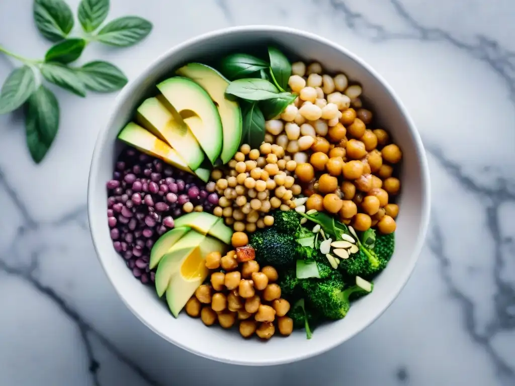 Un bowl vibrante con proteínas vegetales en un elegante recipiente sobre una encimera de mármol