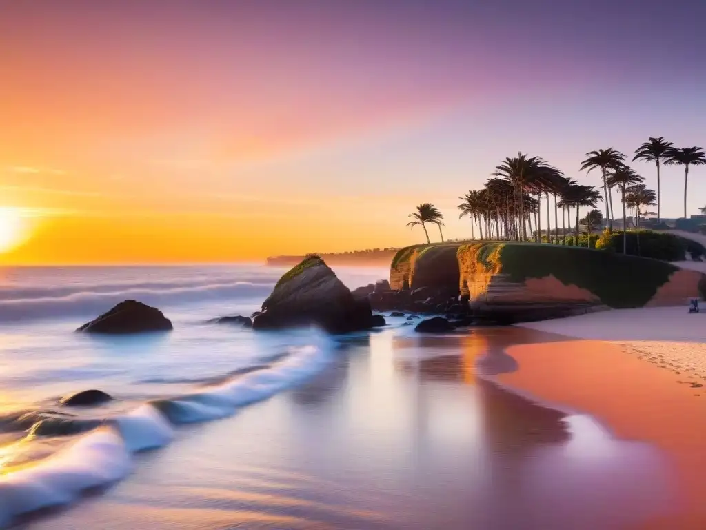 Amanecer brillante sobre acantilados costeros en Punta del Este, Uruguay, con beneficios de la vitamina D contra el estrés