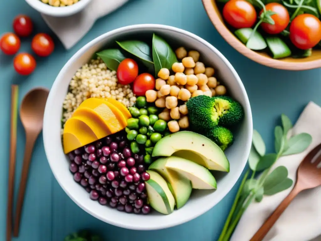 Bowl vegano: equilibrio y frescura en cada ingrediente Un Buddha bowl colorido con proteínas vegetales para bienestar integral, rodeado de ingredientes frescos y vibrante luz natural