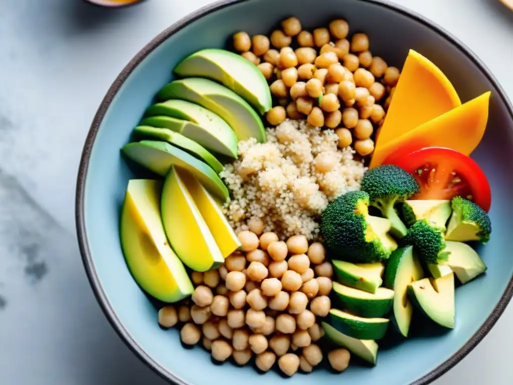 Un Buddha bowl colorido y saludable con quinoa, vegetales asados, aguacate, garbanzos y aderezo de tahini