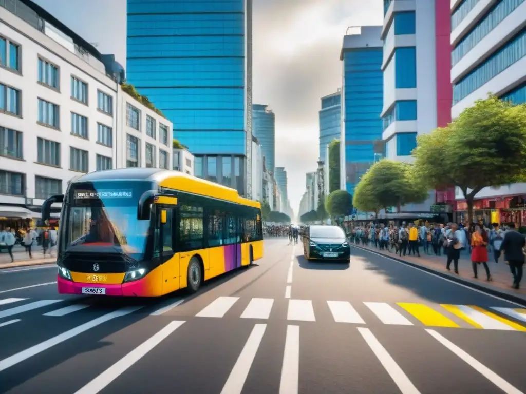 Un bullicioso cruce de calles en Uruguay durante la hora pico, con un ambiente urbano sostenible que destaca transporte sostenible en Uruguay