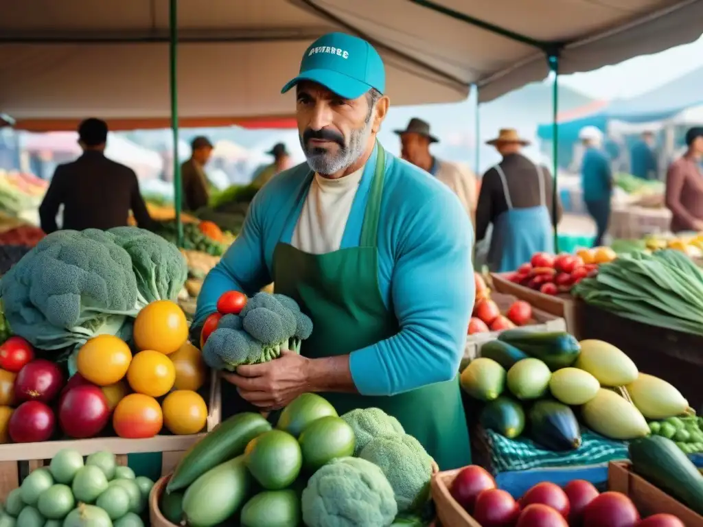 Un bullicioso mercado de agricultores en Uruguay, con frutas y verduras frescas