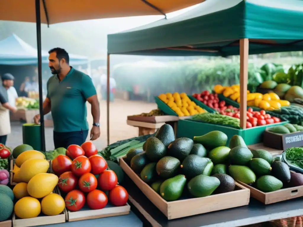 Un bullicioso mercado de agricultores en Uruguay lleno de productos frescos y coloridos, perfectos para la dieta keto en Uruguay