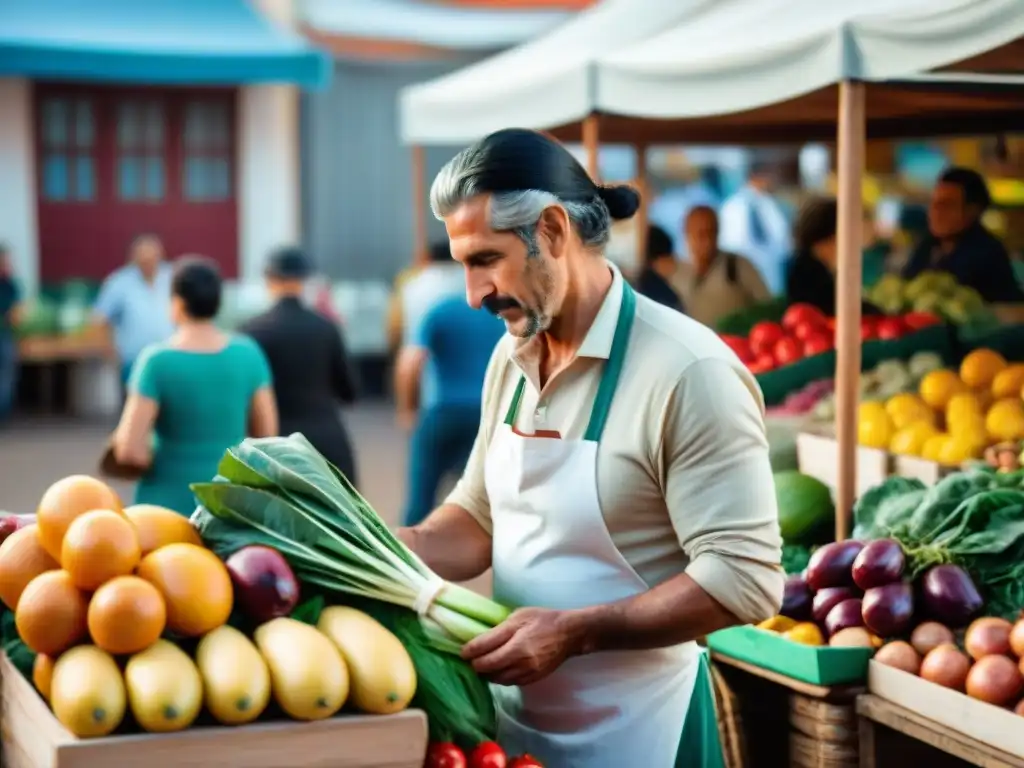 Un bullicioso mercado de agricultores en Uruguay, lleno de colores y productos locales