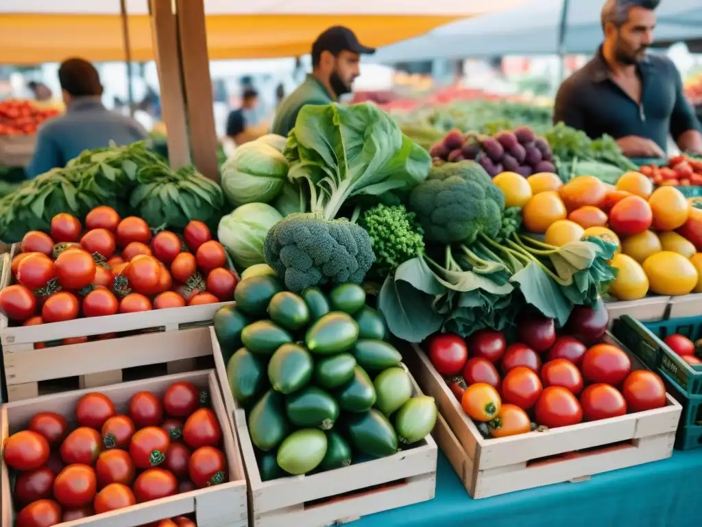 Un bullicioso mercado de frutas y verduras de estación en Uruguay, lleno de colores y vitalidad bajo el cálido sol