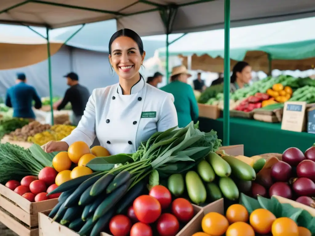 Un bullicioso mercado agrícola en Uruguay, exhibiendo productos frescos y prácticas sostenibles, reflejando la gastronomía sostenible en Uruguay