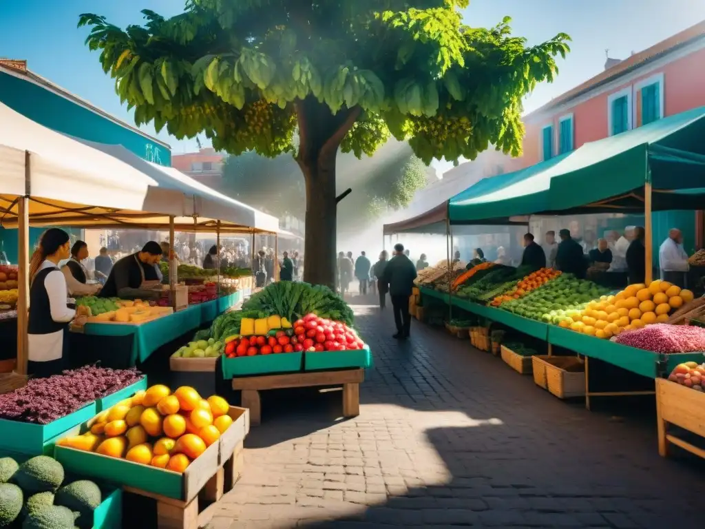 Un bullicioso mercado de Montevideo con productos frescos y coloridos, reflejando la alimentación consciente en Uruguay