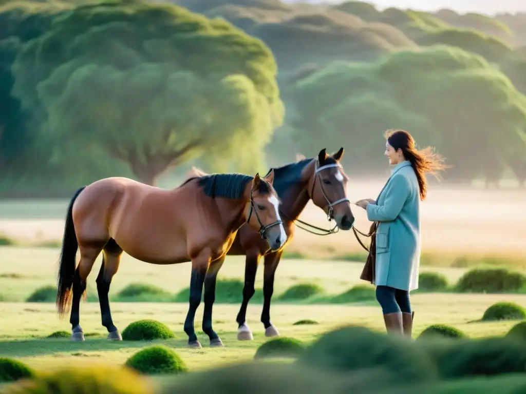 Cabalgatas terapéuticas en praderas de Uruguay: escena armoniosa de equinoterapia en paisaje sereno y sanador