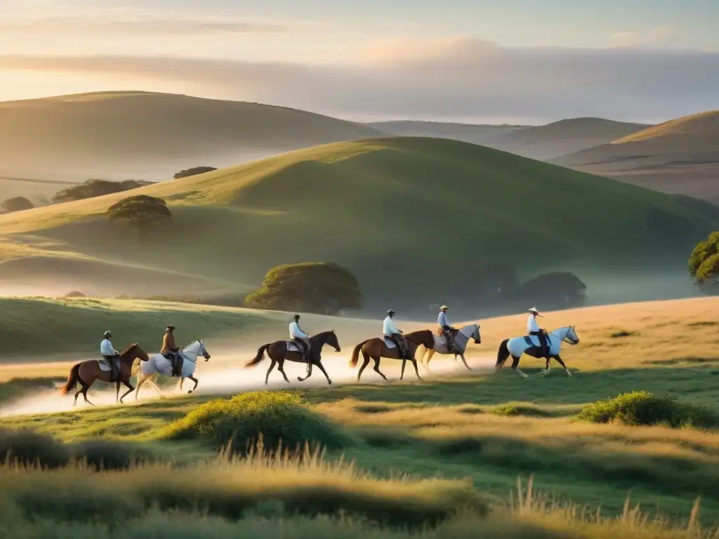 Cabalgatas terapéuticas en praderas uruguayas al atardecer, con jinetes y caballos en armonía con la naturaleza