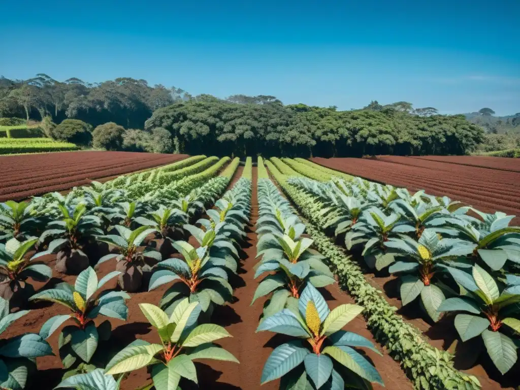 Un cacao exuberante en Uruguay, mostrando árboles cargados de frutos maduros bajo un cielo azul