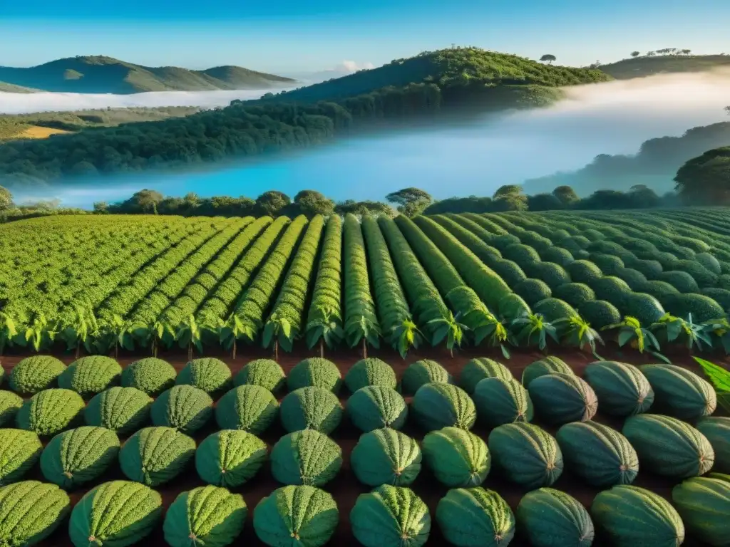 Plantación de cacao exuberante en Uruguay, con árboles verdes bajo cielo azul