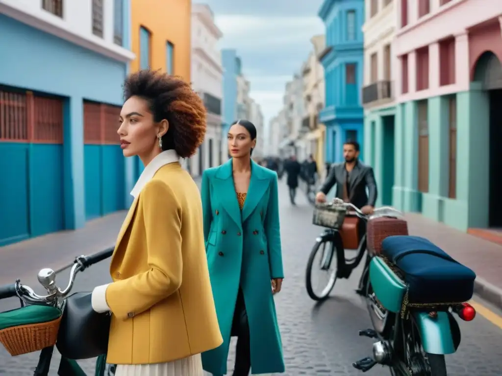 Una calle bulliciosa en Montevideo con moda sostenible, edificios coloridos y personas de diversas culturas