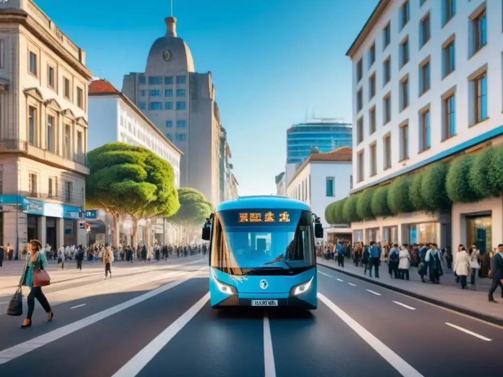 Una calle bulliciosa en Uruguay con movilidad sostenible: buses eléctricos, ciclistas y peatones