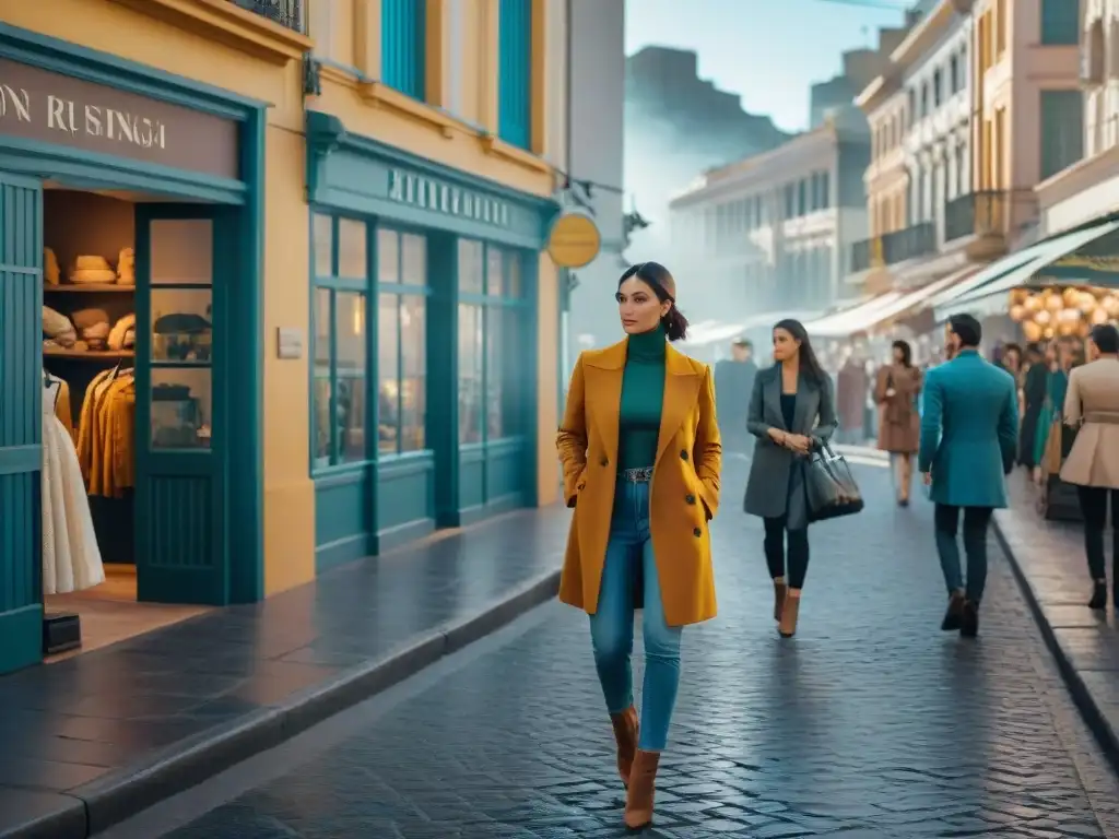 Una calle bulliciosa en Montevideo, Uruguay, muestra tiendas de moda consciente con materiales ecofriendly y diseños elegantes