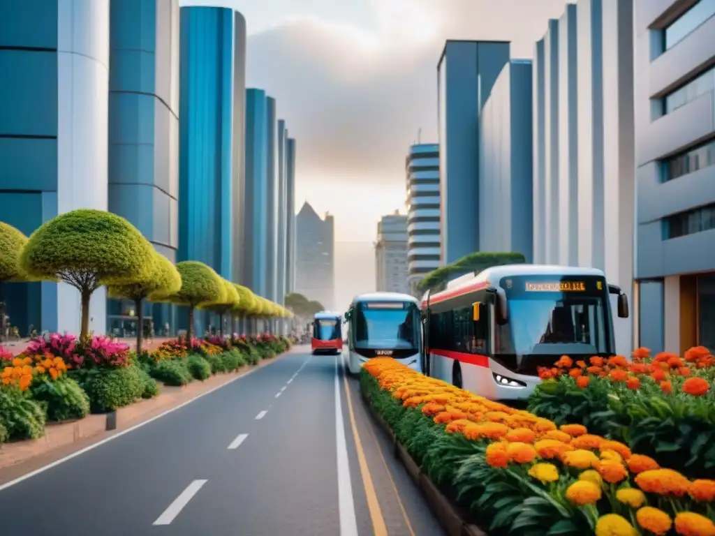 Una calle de la ciudad en Uruguay con rascacielos modernos y buses eléctricos ecoamigables