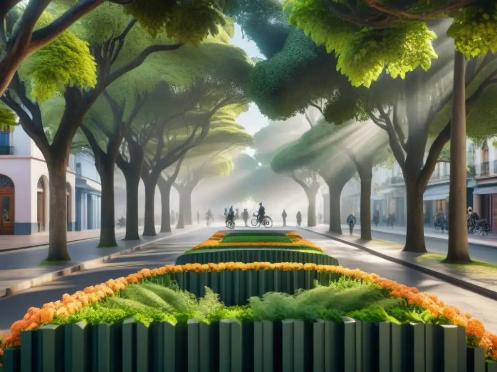 Una calle urbana de Uruguay convertida en un exuberante bosque verde, con árboles altos, flores coloridas y edificios cubiertos de vegetación