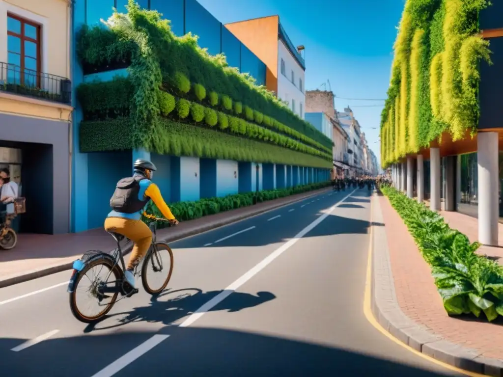 Una calle urbana en Uruguay con jardines verticales, paneles solares y ciclovías, promoviendo la salud pública y calidad del aire en Uruguay