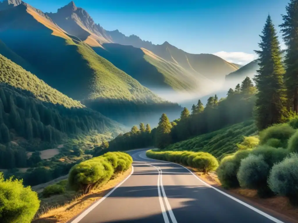 Un camino de montaña serpenteante entre bosques verdes, con luz filtrándose entre los árboles y las majestuosas Sierras Uruguayas de fondo