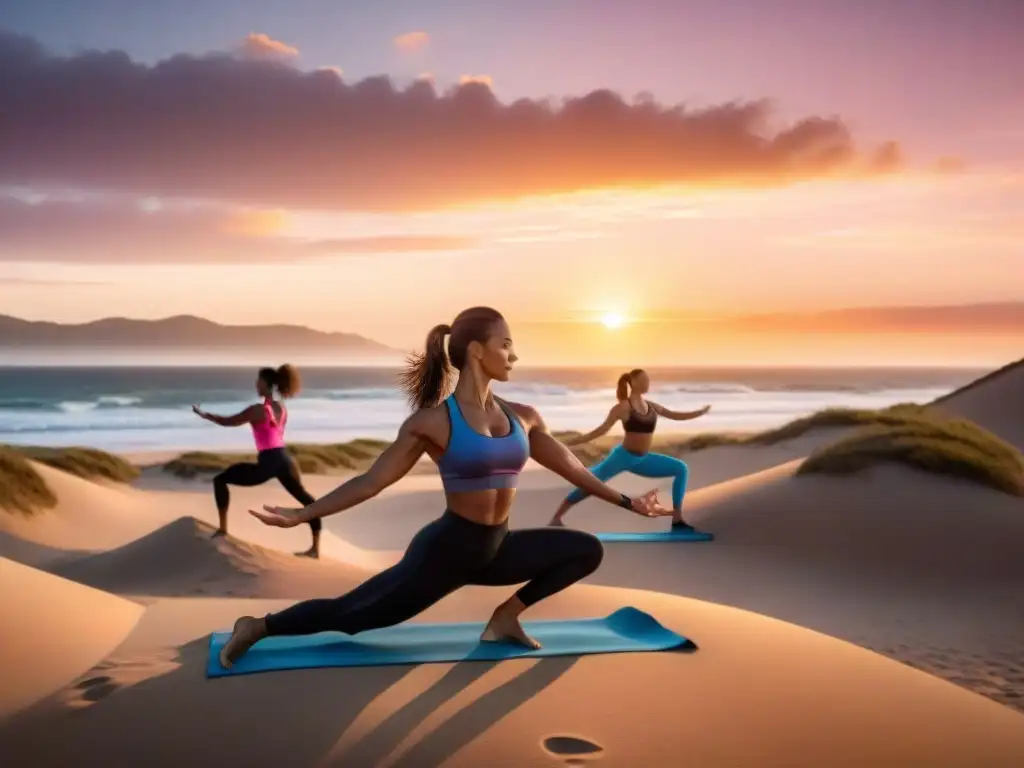 Campamento fitness en las dunas de Valizas, Uruguay: rutina matutina de ejercicios en un amanecer dorado