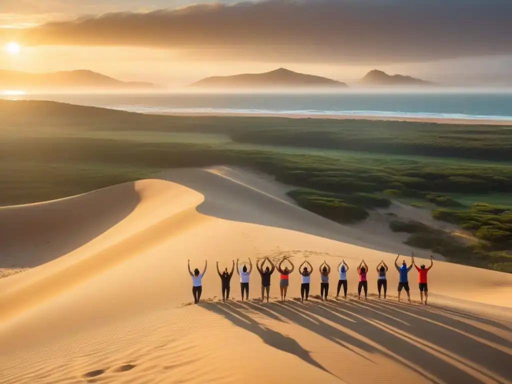 Campamento fitness en las dunas de Valizas, Uruguay: grupo disfrutando de una sesión dinámica al atardecer