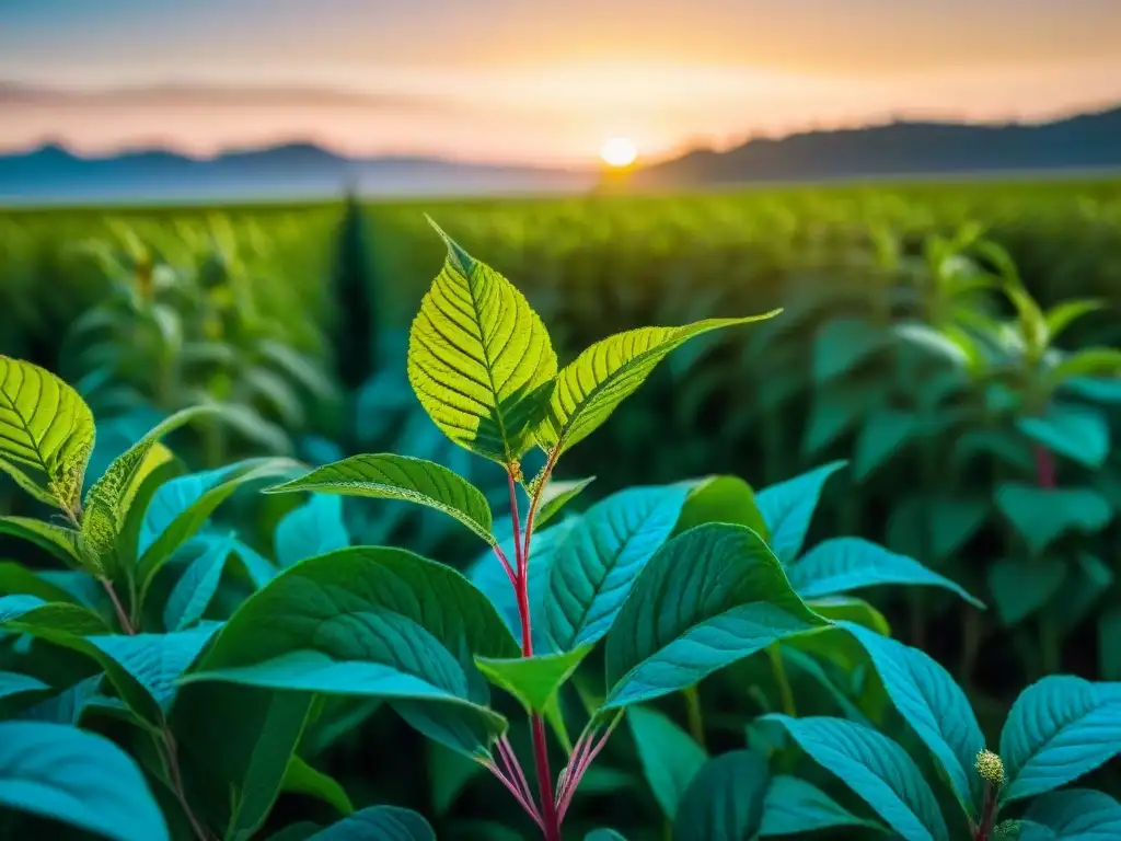 Campo de amaranto en Uruguay al atardecer, beneficios del amaranto en Uruguay