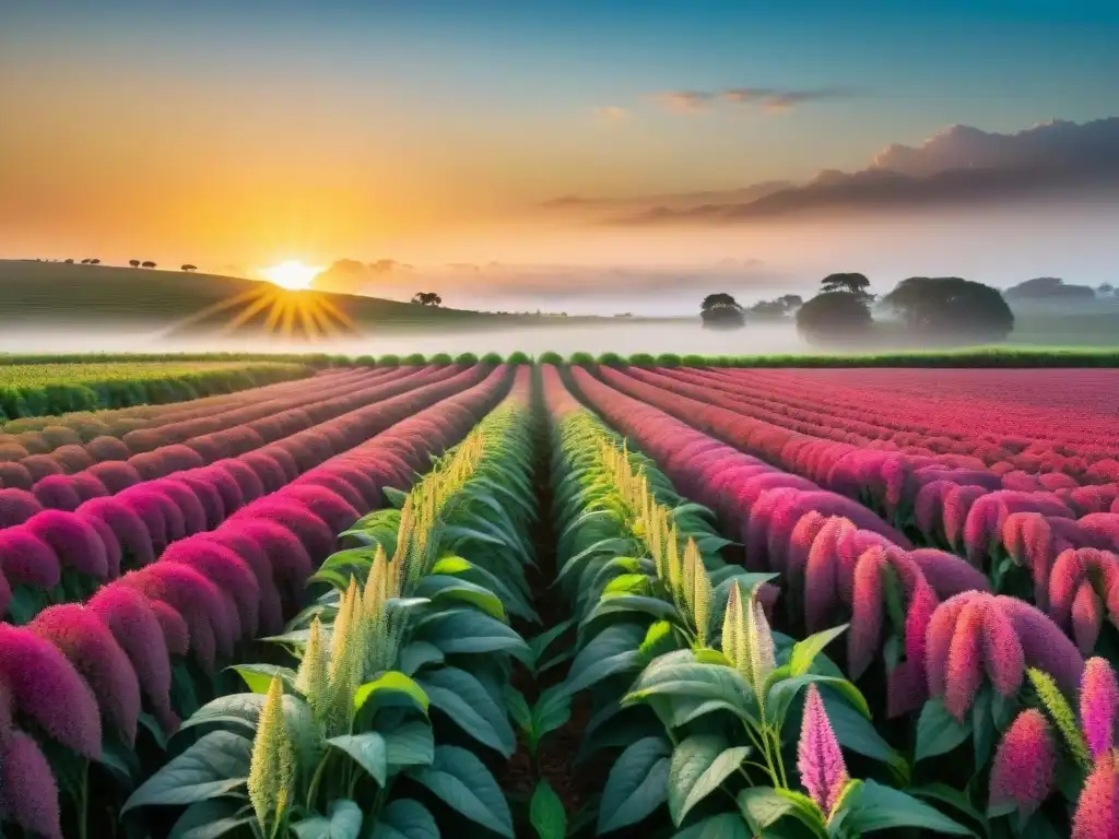 Un campo exuberante de amaranto al atardecer en Uruguay, resaltando los beneficios del amaranto en Uruguay