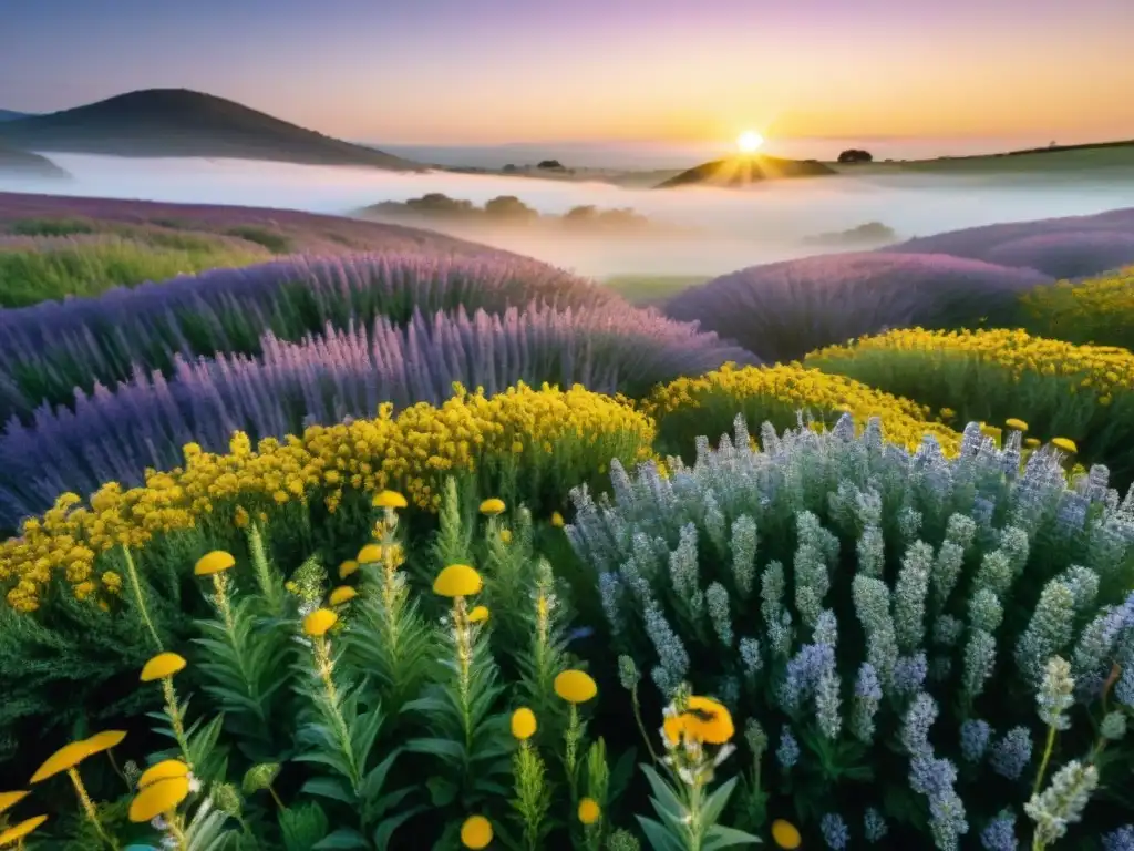 Un campo exuberante en Uruguay al atardecer, con plantas nativas brillantes