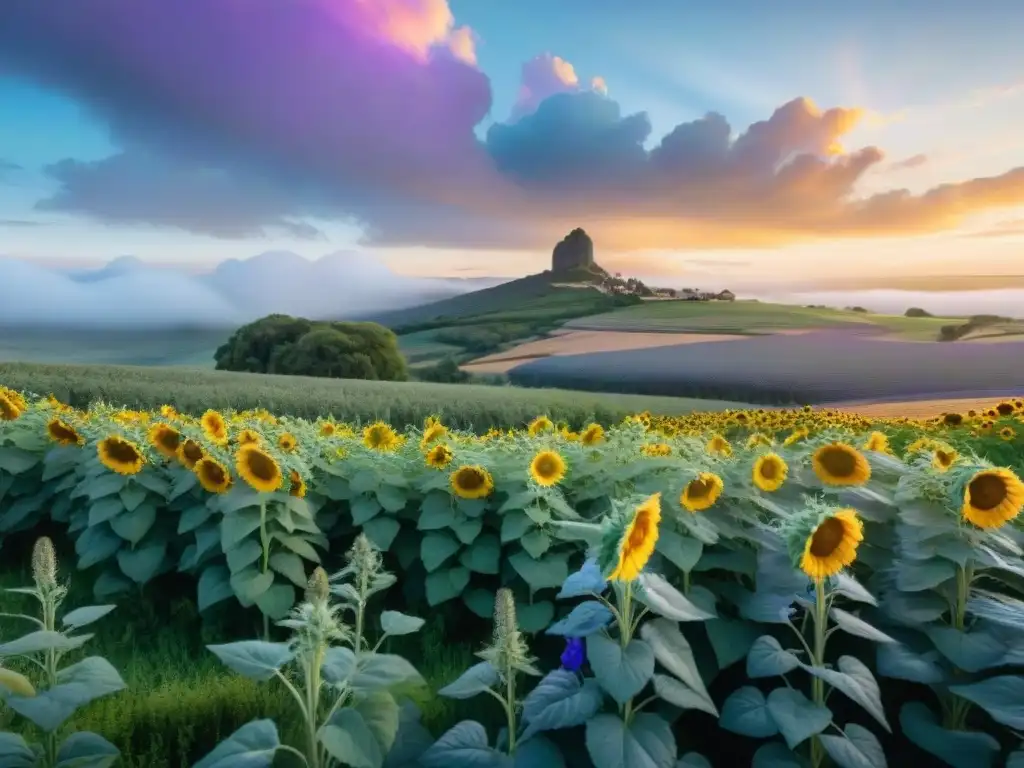 Un campo exuberante en Uruguay con flores vibrantes al atardecer