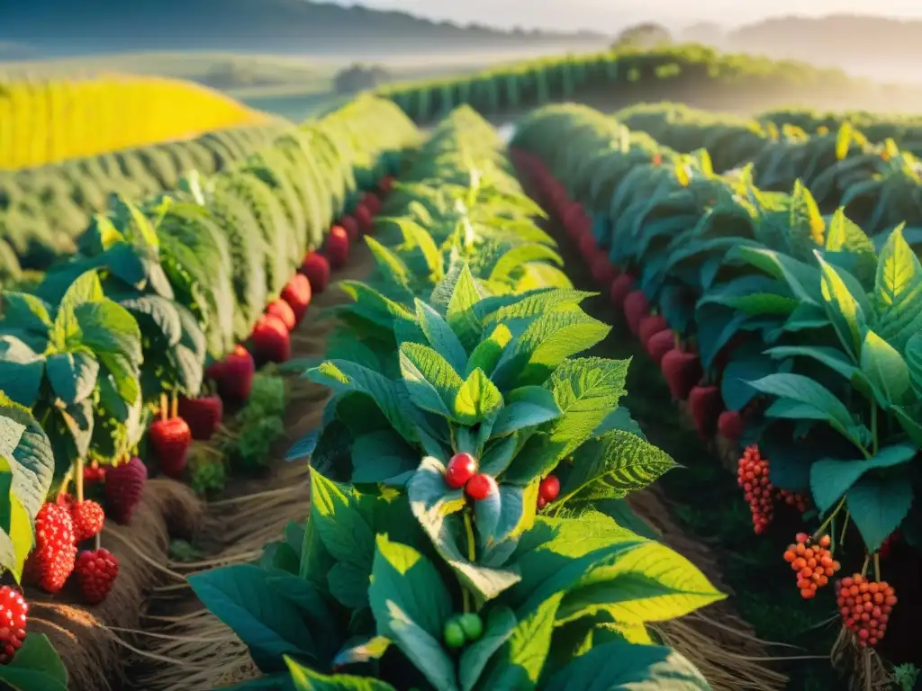 Un campo exuberante en Uruguay lleno de bayas coloridas y maduras bajo el sol, destacando los beneficios de bayas uruguayas