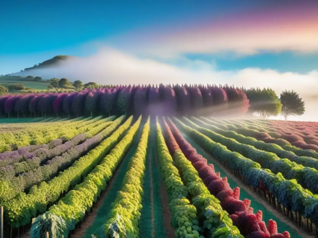 Un campo exuberante en Uruguay con bayas rojas y moradas brillantes bajo el sol, resaltando los Beneficios de bayas uruguayas