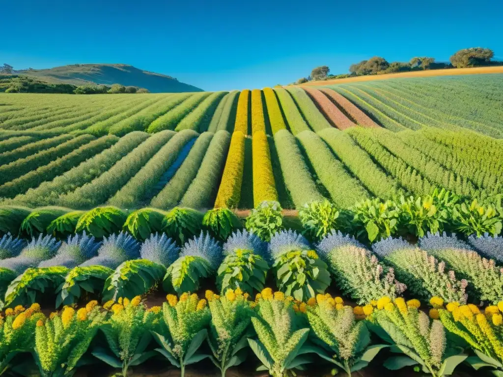 Un campo exuberante en Uruguay con superalimentos vibrantes y polinizadores