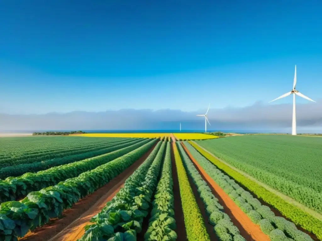 Un campo fértil en Uruguay con cultivos coloridos y una granja tradicional al fondo, simbolizando la armonía de la dieta sostenible en Uruguay