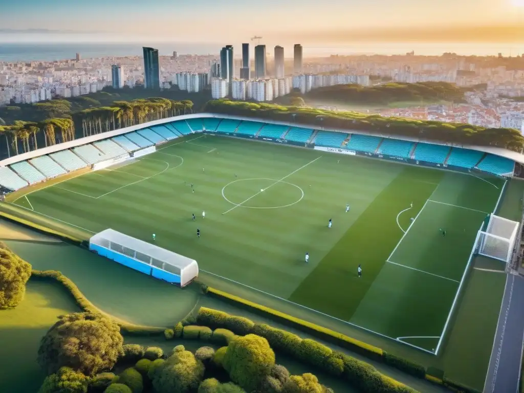 Un campo de fútbol verde en Montevideo al atardecer, con jugadores en un partido amistoso