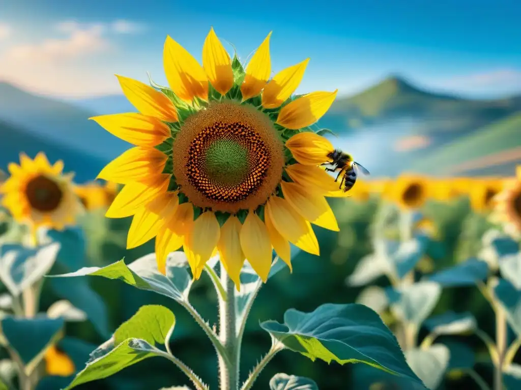 Un campo de girasoles en plena floración con abejas polinizando, destacando la protección de las abejas en Uruguay