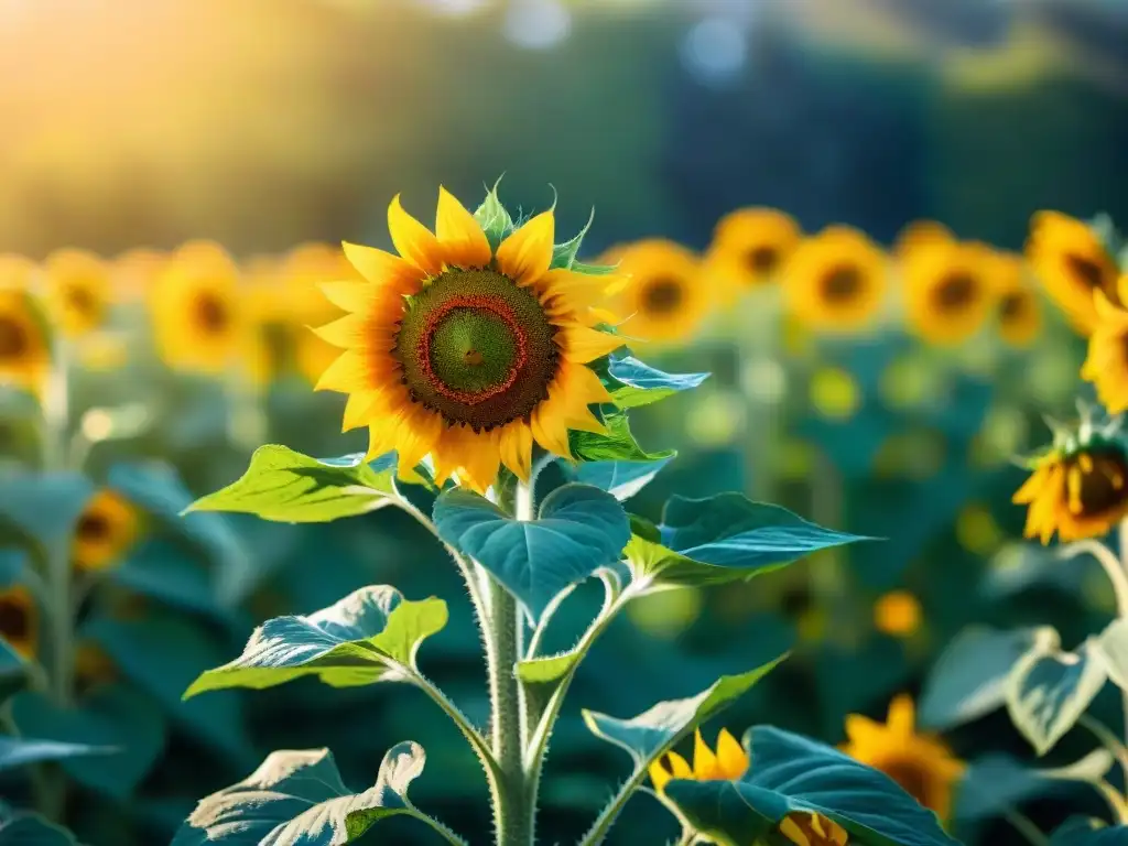 Un campo de girasoles radiante bajo el sol de verano en Uruguay, con sus pétalos vibrantes y hojas delicadas capturadas en detalle