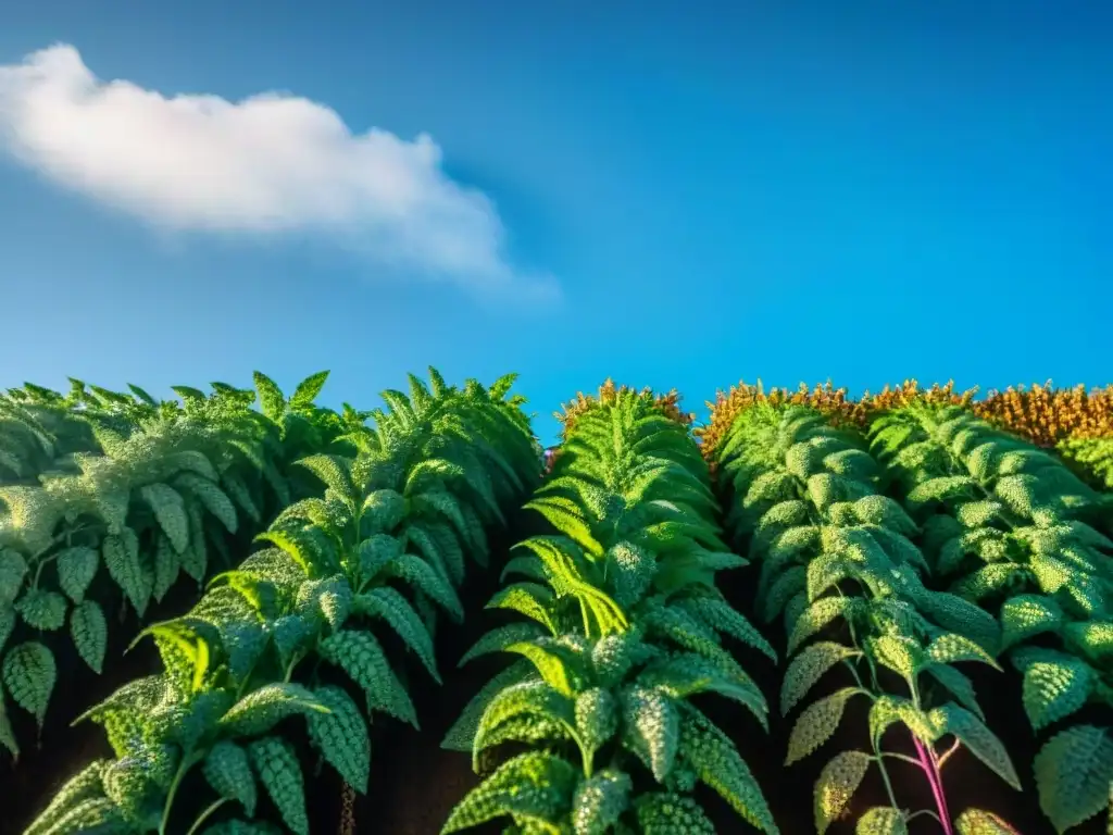 Campo de quinoa en Uruguay iluminado por el sol, reflejando la abundancia de superalimentos locales y fortaleciendo la inmunidad