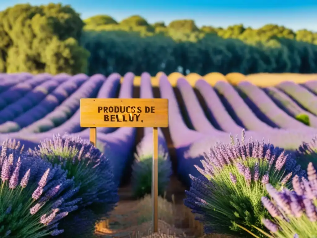 Campo de lavanda en Uruguay con abejas polinizando, letrero 'Productos Belleza Natural'