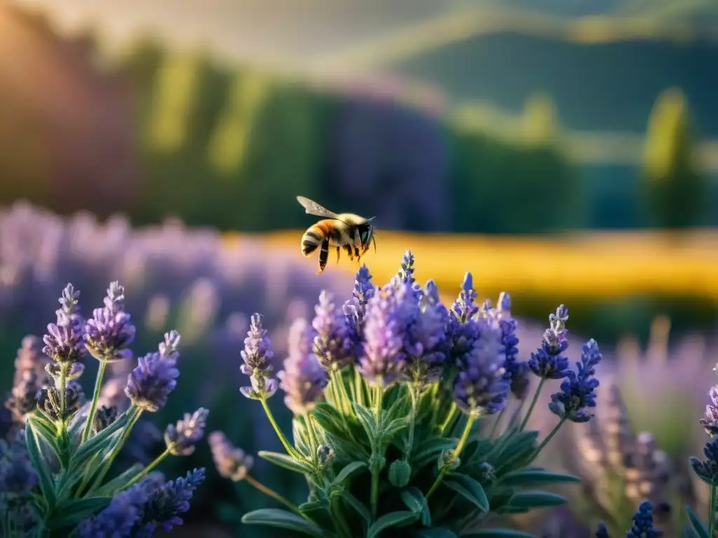 Campo de lavanda al atardecer en Uruguay, con abejas y brisa suave