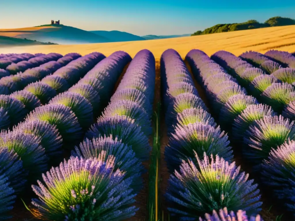 Un campo de lavanda en Uruguay bañado por el sol, donde las abejas revolotean entre las flores