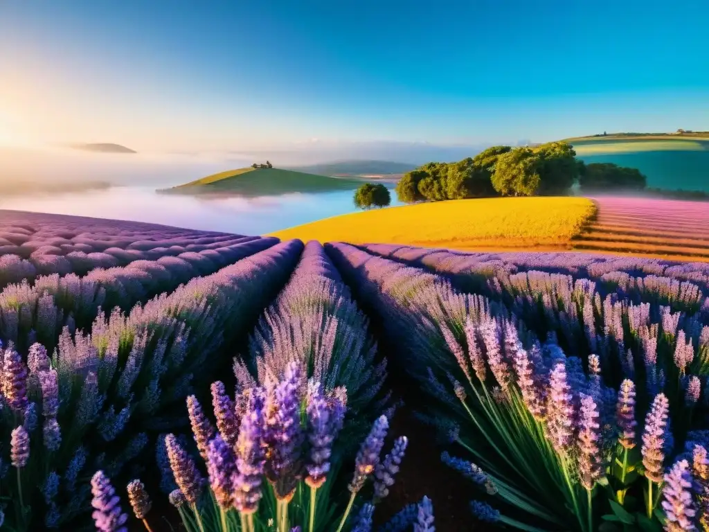 Campo de lavanda en flor bajo el sol de Uruguay: abejas y mariposas revolotean