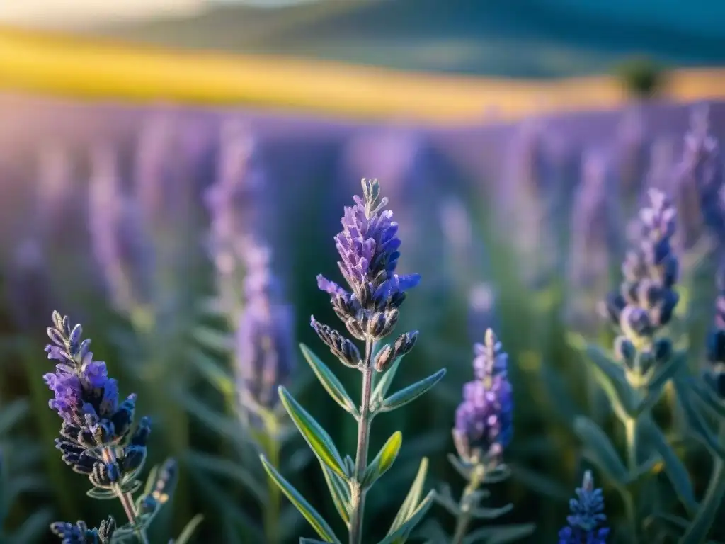 Un campo de lavanda en Uruguay, con sus flores moradas vibrantes bajo el sol, ideal para combatir el estrés