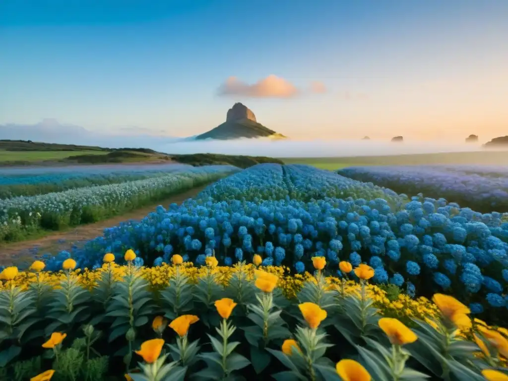 Un campo en Uruguay lleno de flores de tilo coloridas bajo un cielo azul claro