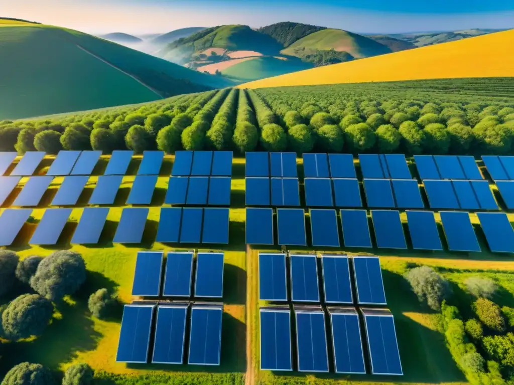 Un campo lleno de paneles solares relucientes frente a colinas verdes bajo un cielo azul