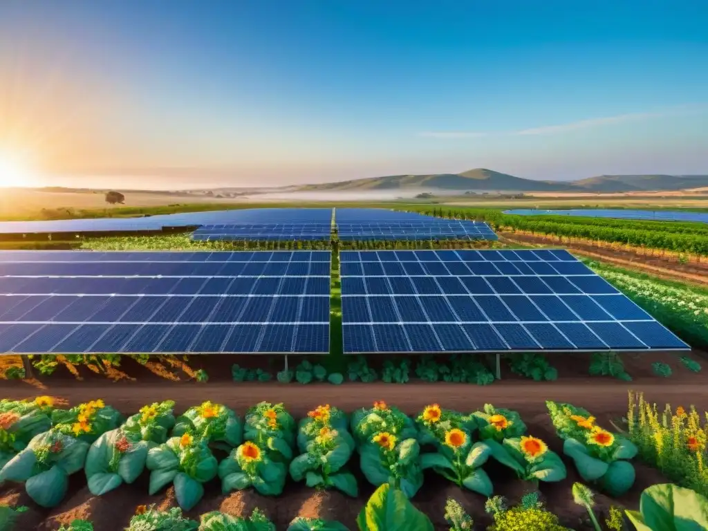 Un campo de paneles solares en Uruguay bajo un cielo azul, con una comunidad sonriente en un jardín sostenible