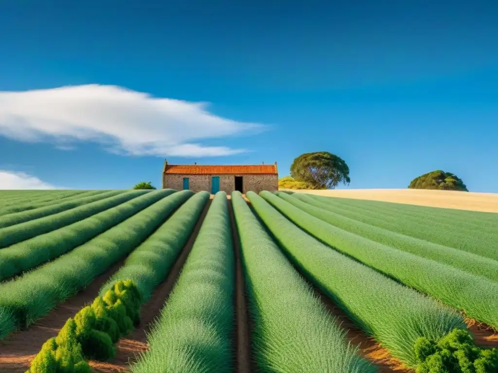 Un campo en Uruguay con plantas de lino saludables, bañadas por la luz dorada del sol